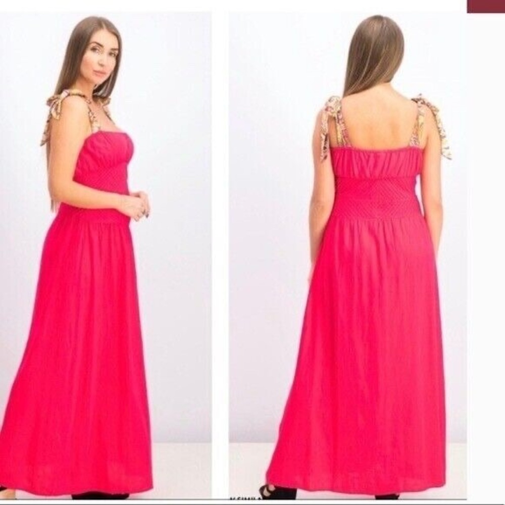 Free People Hot Hibiscus Santorini Maxi Dress Strapped Linen Blend Size 10 - Picture 3 of 16